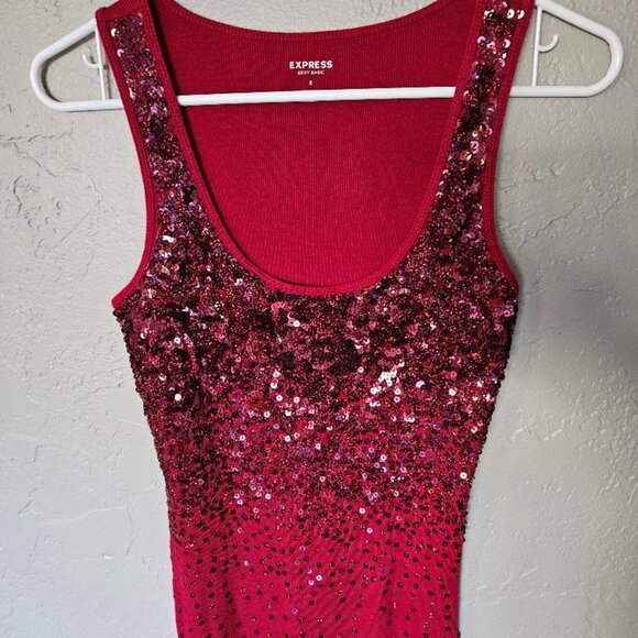 EXPRESS Cherry Red Cotton Tank Top with Sequined Front SIZE S - Picture 2 of 5
